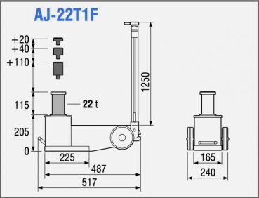 Preview: TDL AJ-22T1F 1-stufiger lufthydraulischer Heber Tragkraft: 22.000 kg Inkl. 3 Adapterstücke